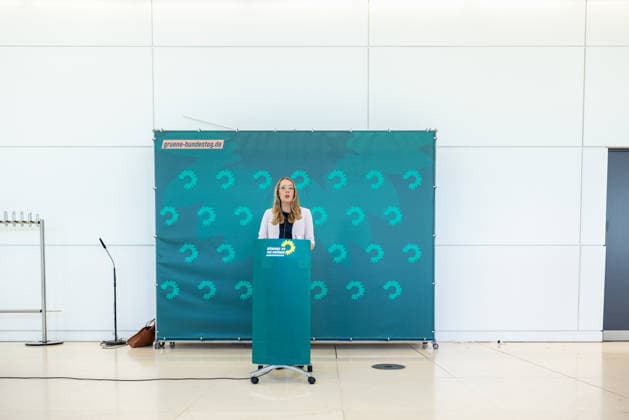Press Statement by the Alliance 90 The Greens Parliamentary Caucus in the German Bundestag, Berlin, September 22, 2026. Caucus Chairwoman Katharina Dröge, Member of the Bundestag, speaks to the press and journalists on the caucus floor of the Bundestag.