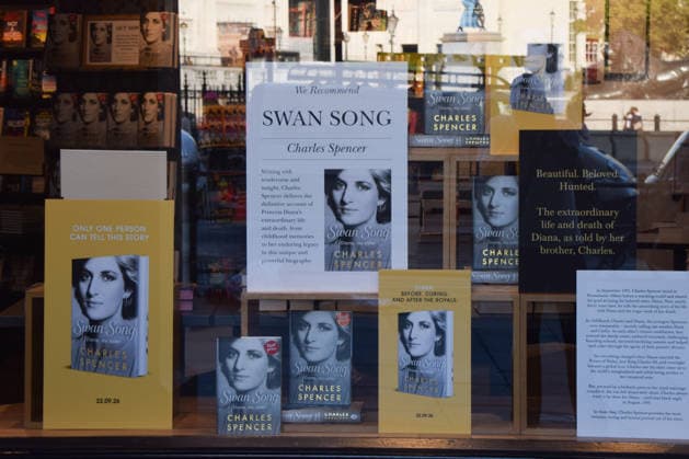 September 22, 2026, London, England, United Kingdom: Copies of the book Swan Song - Diana, My Sister by Charles Spencer are displayed in the window of a bookstore as the book goes on sale. London United Kingdom - ZUMAv130 20260922_zip_v130_006 Copyright: xVukxValcicx