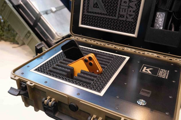 A protective case for storing smartphones to prevent eavesdropping, anti-spy protection, EUDEX Euro Defense Expo, on September 22, 2026, at Messe Essen in Germany