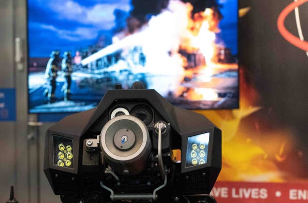 Fire extinguishing system on a HyperX1, tracked fire-extinguishing robot, feature, background image, stock photo, EUDEX Euro Defense Expo trade show, on September 22, 2026, at the Essen Exhibition Center in Germany