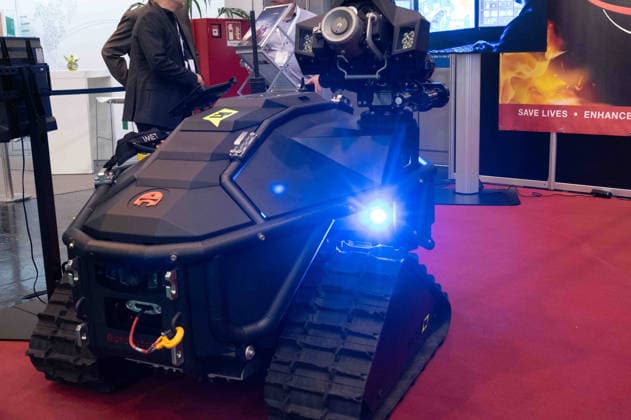 Fire extinguishing system on a HyperX1, tracked fire-extinguishing robot, feature, background image, stock photo, EUDEX Euro Defense Expo trade show, on September 22, 2026, at the Essen Exhibition Center in Germany