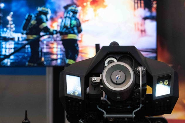 Fire extinguishing system on a HyperX1, tracked fire-extinguishing robot, feature, background image, stock photo, EUDEX Euro Defense Expo trade show, on September 22, 2026, at the Essen Exhibition Center in Germany