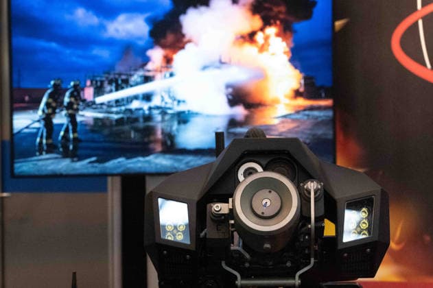 Fire extinguishing system on a HyperX1, tracked fire-extinguishing robot, feature, background image, stock photo, EUDEX Euro Defense Expo trade show, on September 22, 2026, at the Essen Exhibition Center in Germany