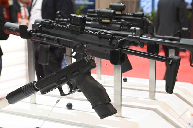Heckler & Koch (HK) booth, small arms, pistols, machine guns, rifles for special forces, EUDEX Euro Defense Expo, on September 22, 2026, at Messe Essen, Germany