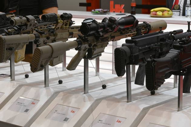 Heckler & Koch (HK) booth, small arms, pistols, machine guns, rifles for special forces, EUDEX Euro Defense Expo, on September 22, 2026, at Messe Essen, Germany