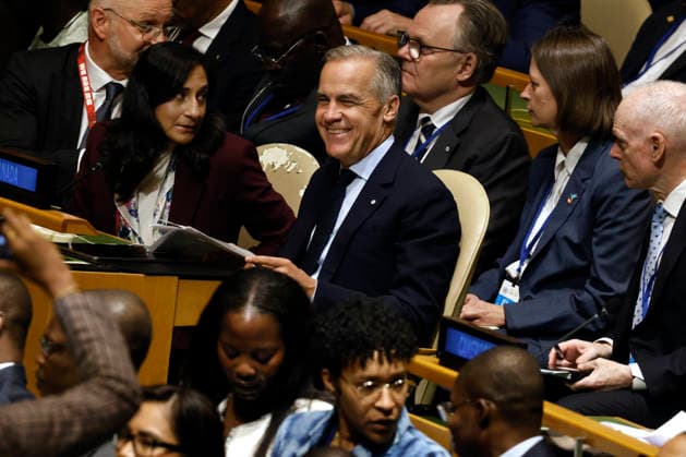 Prime Minister of Canada Mark Carney, center, arrives at the UN General Assembly 81st session General Debate in UN General Assembly Hall at the United Nations Headquarters on Tuesday, September 22, 2026 in New York City.  NYP20260922401 PETERxFOLEY