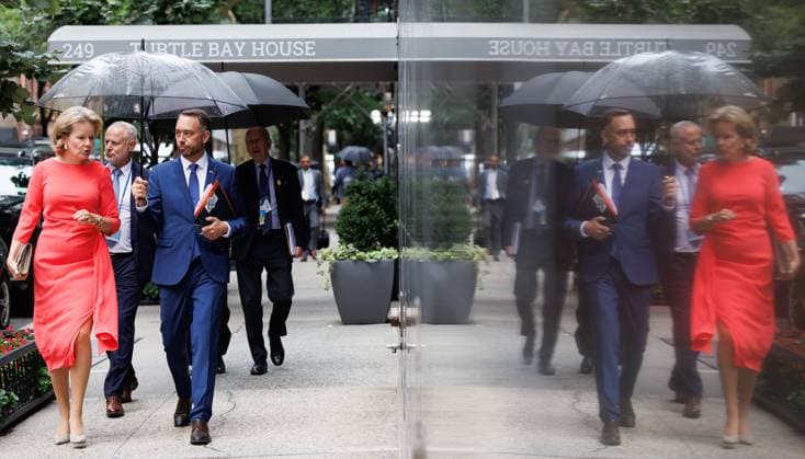Queen Mathilde of Belgium and Vice-prime minister and Minister of Foreign Affairs Maxime Prevot pictured walking in the streets of New York during the 81st session of the United Nations General Assembly (UNGA81), in New York City, United States of America, Tuesday 22 September 2026.  BENOITxDOPPAGNE 187449160