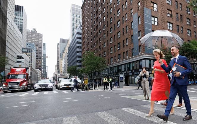 Queen Mathilde of Belgium and Vice-prime minister and Minister of Foreign Affairs Maxime Prevot pictured walking in the streets of New York during the 81st session of the United Nations General Assembly (UNGA81), in New York City, United States of America, Tuesday 22 September 2026.  BENOITxDOPPAGNE 187449842