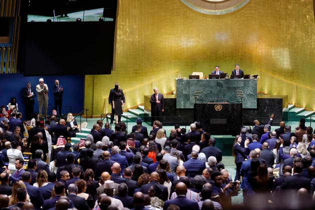Delegates applaud as Secretary-General of the United Nations Antonio Guterres arrives to speak at the United Nations General Assembly 81st session General Debate at the UN Headquarters on Tuesday, September 22, 2026 in New York City.  NYP20260922104 JOHNxANGELILLO