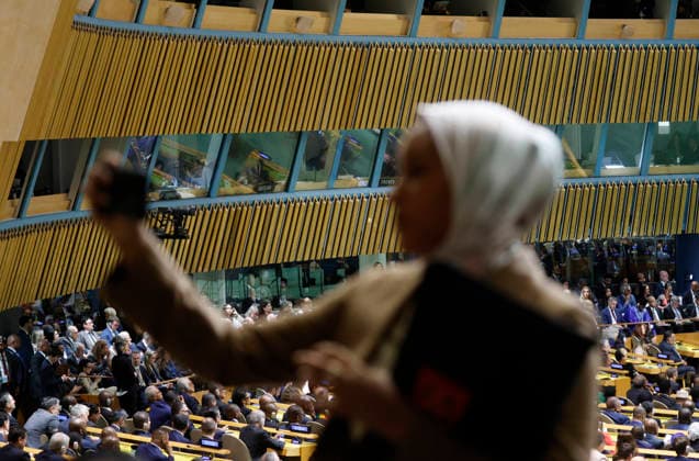 A visitor takes a selfie on the opening day of the United Nations General Assembly 81st session General Debate at the UN Headquarters on Tuesday, September 22, 2026 in New York City.  NYP20260922105 JOHNxANGELILLO