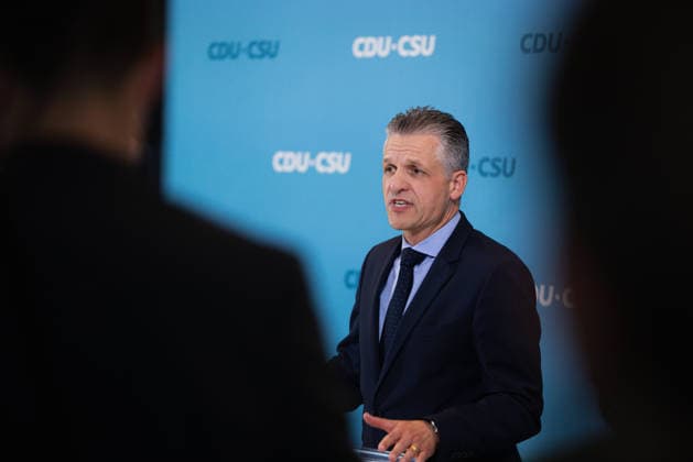 Press Statement by the CDU CSU Parliamentary Caucus in the Bundestag, Berlin, Germany, on September 22, 2026. CDU CSU Caucus Chair Thorsten Frei speaks to the press and journalists on the caucus floor of the Bundestag.