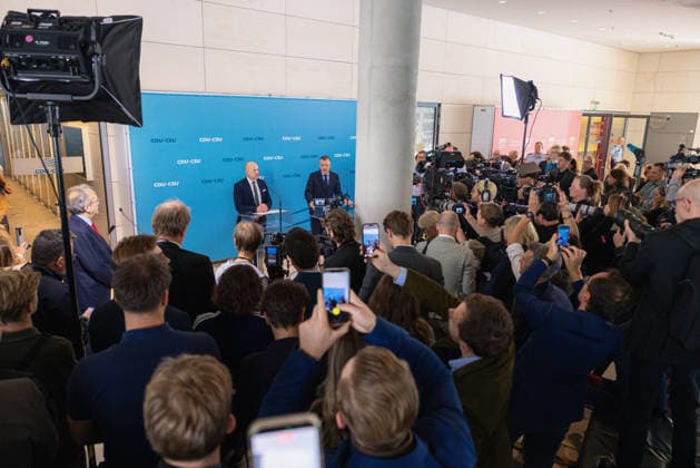 Press Statement by the CDU CSU Parliamentary Group in the Bundestag, Berlin, Germany, on September 22, 2026. CDU CSU Parliamentary Group Chair Thorsten Frei and Alexander Hoffmann of the CSU spoke to the press and journalists on the parliamentary group floor of the Bundestag.