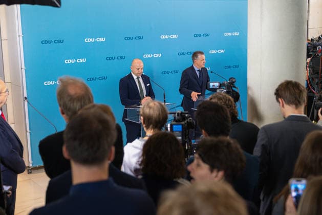 Press Statement by the CDU CSU Parliamentary Group in the Bundestag, Berlin, Germany, on September 22, 2026. CDU CSU Parliamentary Group Chair Thorsten Frei and Alexander Hoffmann of the CSU spoke to the press and journalists on the parliamentary group floor of the Bundestag.