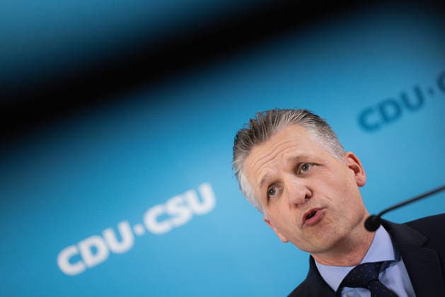 Press Statement by the CDU CSU Parliamentary Group in the Bundestag, Berlin, Germany, September 22, 2026. CDU CSU Parliamentary Group Chair Thorsten Frei speaks to the press and journalists on the parliamentary group level of the Bundestag.