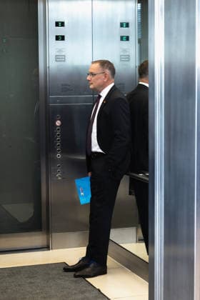 Tino Chrupalla at the German Bundestag in Berlin on September 22, 2026; Tino Chrupalla, AfD caucus chair, in the elevator on the caucus level