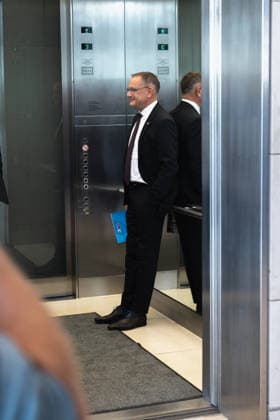 Tino Chrupalla at the German Bundestag in Berlin on September 22, 2026; Tino Chrupalla, AfD caucus chair, in the elevator on the caucus level
