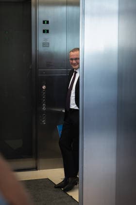Tino Chrupalla at the German Bundestag in Berlin on September 22, 2026; Tino Chrupalla, AfD caucus chair, in the elevator on the caucus level