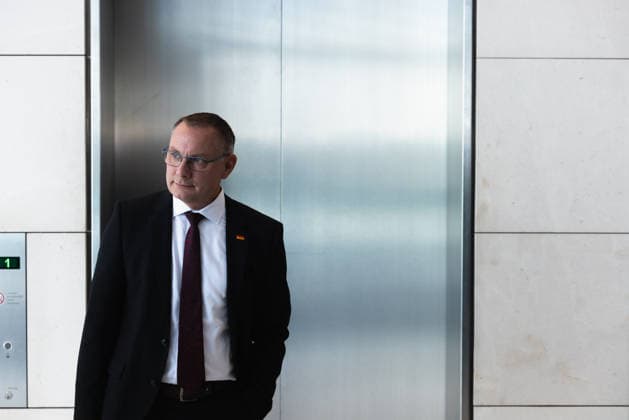 Tino Chrupalla at the German Bundestag in Berlin on September 22, 2026. Tino Chrupalla, AfD caucus chair, waits for the elevator on the caucus floor.