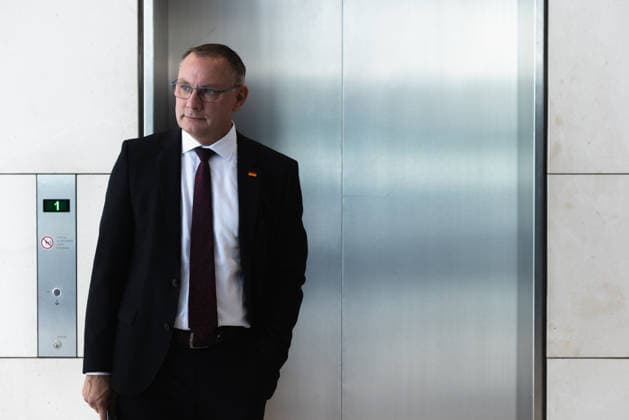 Tino Chrupalla at the German Bundestag in Berlin on September 22, 2026. Tino Chrupalla, AfD caucus chair, waits for the elevator on the caucus floor.