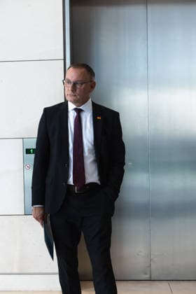 Tino Chrupalla at the German Bundestag in Berlin on September 22, 2026. Tino Chrupalla, AfD caucus chair, waits for the elevator on the caucus floor.