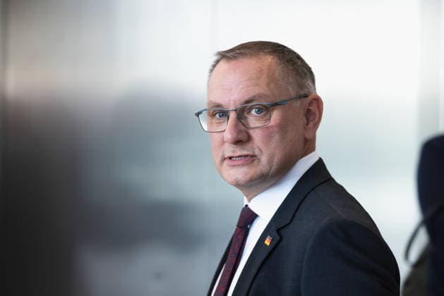Tino Chrupalla at the German Bundestag in Berlin on September 22, 2026. Tino Chrupalla, AfD caucus chair, waits for the elevator on the caucus floor.