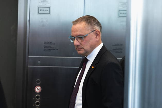 Tino Chrupalla at the German Bundestag in Berlin on September 22, 2026; Tino Chrupalla, AfD parliamentary group leader, in the elevator on the parliamentary group level