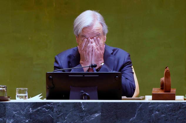 Secretary-General of the United Nations Antonio Guterres gestures as he sits on the dias at the United Nations General Assembly 81st session General Debate at the UN Headquarters on Tuesday, September 22, 2026 in New York City.  NYP20260922106 JOHNxANGELILLO