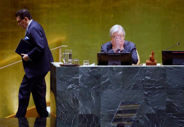 Secretary-General of the United Nations Antonio Guterres gestures as he sits on the dias at the United Nations General Assembly 81st session General Debate at the UN Headquarters on Tuesday, September 22, 2026 in New York City.  NYP20260922107 JOHNxANGELILLO