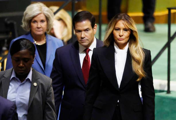 First Lady Melania Trump, Secretary of State Marco Rubio, and White House Chief of Staff Susie Wiles (R to L) arrive before President Donald Trump speaks at the United Nations General Assembly 81st session General Debate at the UN Headquarters on Tuesday, September 22, 2026 in New York City.  NYP20260922113 JOHNxANGELILLO