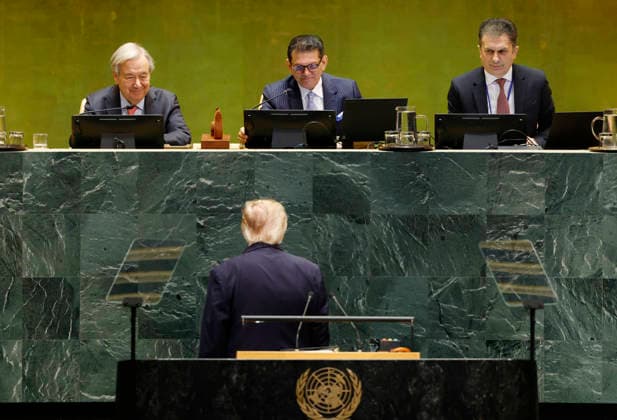 United States President Donald Trump turns to depart after speaking at the United Nations General Assembly 81st session General Debate at the UN Headquarters on Tuesday, September 22, 2026 in New York City.  NYP20260922131 JOHNxANGELILLO