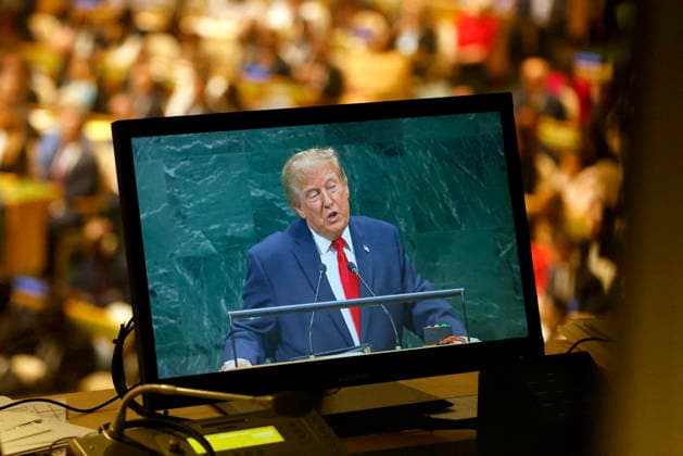 President of the United States Donald Trump seen on a TV monitor speaks at the UN General Assembly 81st session General Debate in UN General Assembly Hall at the United Nations Headquarters on Tuesday, September 22, 2026 in New York City.  NYP202609224010 PETERxFOLEY