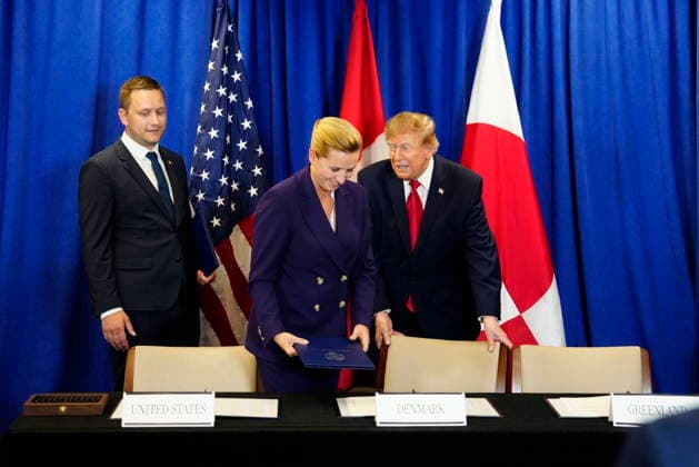 U.S., Denmark, Greenland: Prime Minister Mette Frederiksen, Greenland’s head of government Jens Frederik Nielsen, and U.S. President Donald Trump during the signing ceremony at the UN building in New York on Tuesday, September 22, 2026. Photo by Mads Claus Rasmussen, Scanpix 2026, New York, Denmark  Copyright: MadsxClausxRasmussenx spdk20260922-173005-L