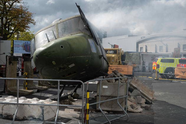 Model of a crashed helicopter, burned out, wreck, crash, accident, EUDEX Euro Defense Expo, on September 22, 2026, at Messe Essen, Germany