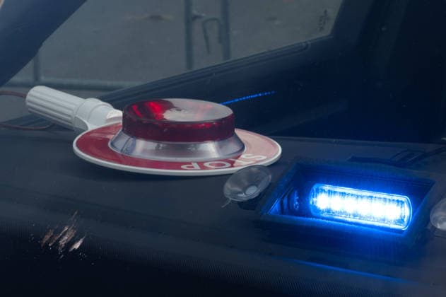 POLICE lettering, police baton, and blue light in an unmarked police vehicle; feature; background motif; symbolic photo; EUDEX Euro Defense Expo trade show, on September 22, 2026, at Messe Essen, Germany