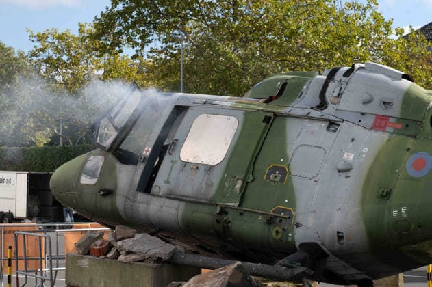 Model of a crashed helicopter, burned out, wreck, crash, accident, EUDEX Euro Defense Expo, on September 22, 2026, at Messe Essen, Germany
