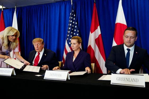 U.S., Denmark, Greenland: Prime Minister Mette Frederiksen, Greenland’s head of government Jens Frederik Nielsen, and U.S. President Donald Trump during the signing ceremony at the UN building in New York on Tuesday, September 22, 2026. Photo by Mads Claus Rasmussen, Scanpix 2026, New York, Denmark  Copyright: MadsxClausxRasmussenx spdk20260922-174006-L