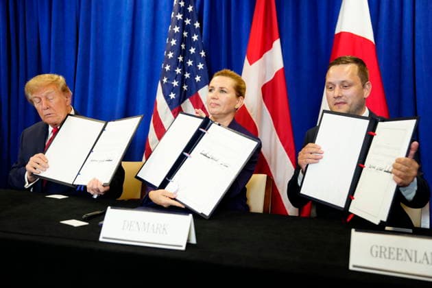 U.S., Denmark, and Greenland: Prime Minister Mette Frederiksen, Greenland’s head of government Jens Frederik Nielsen, and U.S. President Donald Trump during the signing ceremony at the UN building in New York on Tuesday, September 22, 2026. Photo by Mads Claus Rasmussen, Scanpix 2026, New York, Denmark  Copyright: MadsxClausxRasmussenx spdk20260922-174625-L