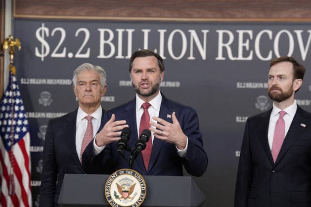 Vice President JD Vance speaks as Mehmet Oz, Administrator of the US Centers for Medicare and Medicaid Services, listens at a news conference on Medicare at the Eisenhower Executive Office Building at the White House in Washington DC on September 22, 2026.  WAX20260922903 YurixGripas