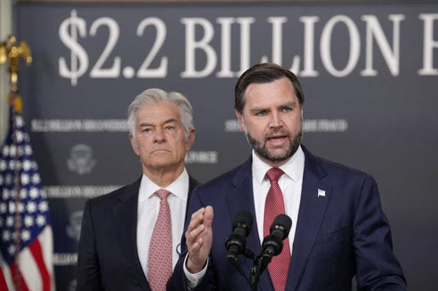 Vice President JD Vance speaks as Mehmet Oz, Administrator of the US Centers for Medicare and Medicaid Services, listens at a news conference on Medicare at the Eisenhower Executive Office Building at the White House in Washington DC on September 22, 2026.  WAX20260922904 YurixGripas