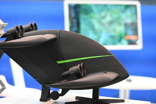 Model of a reconnaissance drone; in the background, a screen displaying a map; EUDEX Euro Defense Expo, September 22, 2026, at the Essen Exhibition Center in Germany