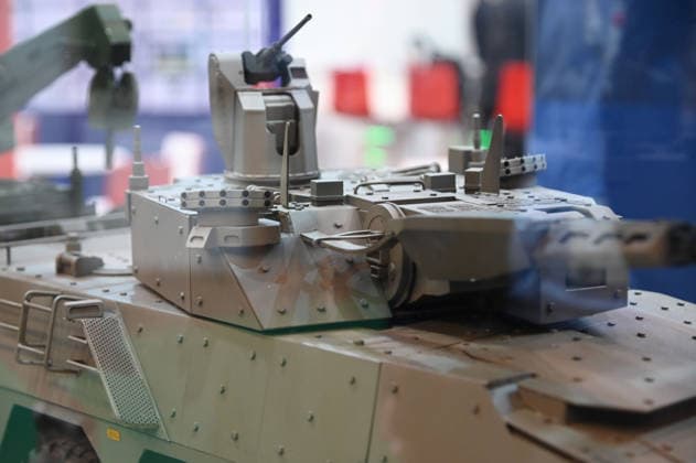 The Lance2 turret system, a model on display in a showcase, mounted on a model of an infantry fighting vehicle, at the Rheinmetall booth at the EUDEX Euro Defense Expo on September 22, 2026, at the Essen Exhibition Center in Germany