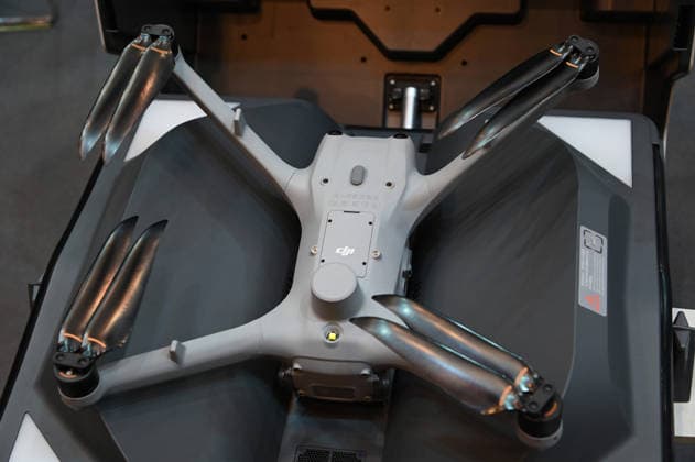A drone in a transport case at the EUDEX Euro Defense Expo on September 22, 2026, at Messe Essen in Germany