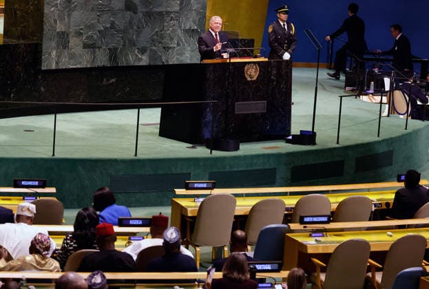 King of Jordan Abdullah Al Hussein speaks at the UN General Assembly 81st session General Debate in UN General Assembly Hall at the United Nations Headquarters on Tuesday, September 22, 2026 in New York City.  NYP202609224017 PETERxFOLEY