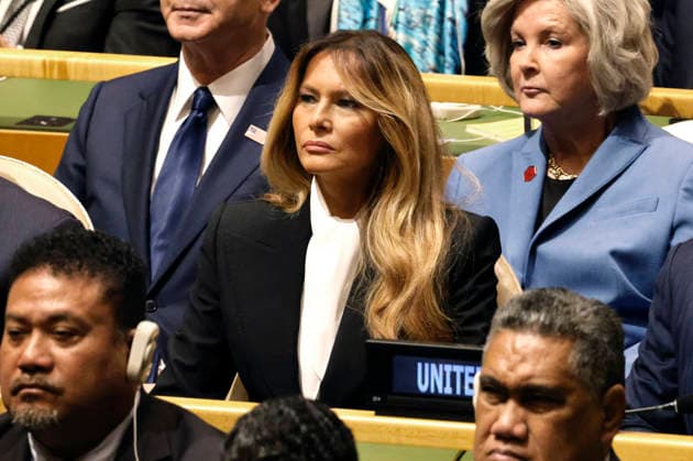 First Lady Melania Trump listens to her husband, US President Donald Trump, speak at the UN General Assembly 81st session General Debate in UN General Assembly Hall at the United Nations Headquarters on Tuesday, September 22, 2026 in New York City.  NYP202609224021 PETERxFOLEY