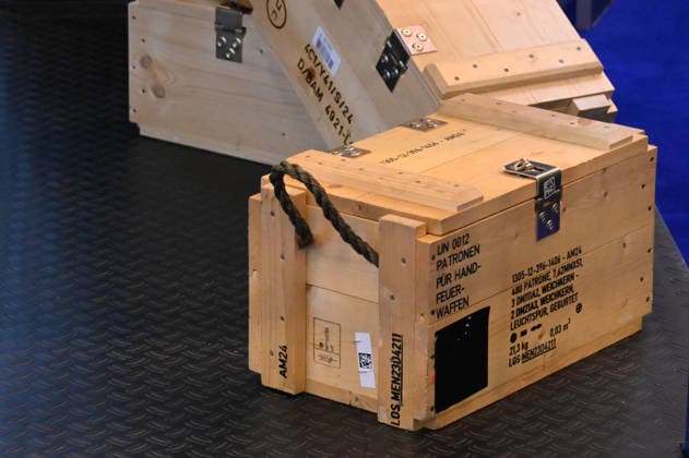Wooden transport crates for cartridges and small-arms ammunition; EUDEX Euro Defense Expo, September 22, 2026, at Messe Essen, Germany