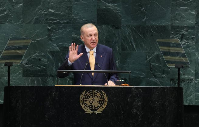 Turkish President Recep Tayyip Erdogan addresses UN General Assembly in New York NEW YORK, UNITED STATES - SEPTEMBER 22: (----EDITORIAL USE ONLY - MANDATORY CREDIT - TURKISH PRESIDENCY MURAT KULA HANDOUT - NO MARKETING NO ADVERTISING CAMPAIGNS - DISTRIBUTED AS A SERVICE TO CLIENTS----) Turkish President Recep Tayyip Erdogan addresses the 81st session of the United Nations General Assembly, which brings together leaders and senior representatives of UN member states in New York, United States, on September 22, 2026. TUR Presidency Murat Kula Anadolu New York United States. Editorial use only. Please get in touch for any other usage.  Copyright: x2026xAnadoluxTURxPresidency MuratxKulax