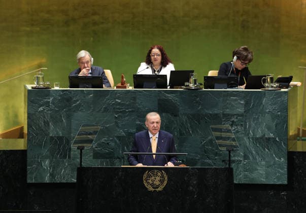 Turkish President Recep Tayyip Erdogan addresses UN General Assembly in New York NEW YORK, UNITED STATES - SEPTEMBER 22: (----EDITORIAL USE ONLY - MANDATORY CREDIT - TURKISH PRESIDENCY MURAT KULA HANDOUT - NO MARKETING NO ADVERTISING CAMPAIGNS - DISTRIBUTED AS A SERVICE TO CLIENTS----) Turkish President Recep Tayyip Erdogan addresses the 81st session of the United Nations General Assembly, which brings together leaders and senior representatives of UN member states in New York, United States, on September 22, 2026. TUR Presidency Murat Kula Anadolu New York United States. Editorial use only. Please get in touch for any other usage.  Copyright: x2026xAnadoluxTURxPresidency MuratxKulax
