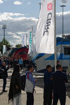 InnoTrans 2026 Transportation Technology Trade Show, September 22, Germany, Berlin: The international InnoTrans transportation technology trade show in the exhibition halls beneath Berlin’s Radio Tower. Pictured: Visitors on the outdoor grounds, where the industry is exhibiting rail vehicles for use in long-distance and commuter rail service.