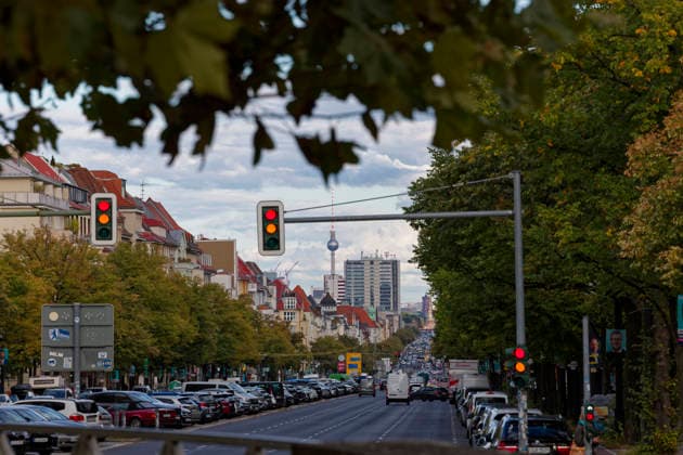 InnoTrans 2026 Transportation Technology Trade Fair, September 22, Berlin, Germany—East-West Axis, Kaiserdamm, with a view from Theodor Heuss Platz toward downtown, the Red City Hall, and the TV Tower