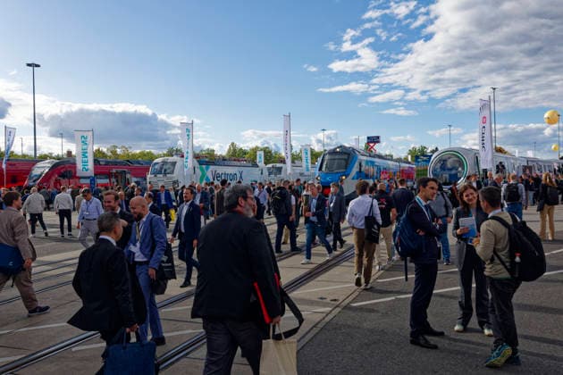 InnoTrans 2026 Transportation Technology Trade Fair, September 22, Berlin, Germany: The international InnoTrans transportation technology trade fair takes place in the exhibition halls beneath Berlin s Radio Tower. Pictured: Visitors on the outdoor grounds, where the industry is showcasing rail vehicles for use in long-distance and commuter rail service.